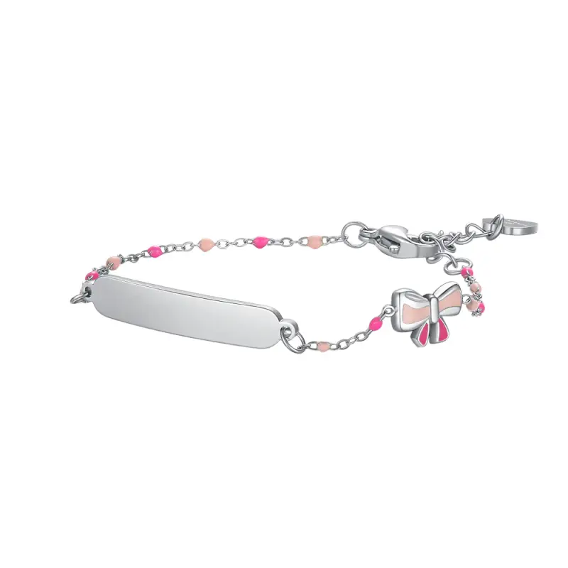 BRACCIALE IN ACCIAIO, PIASTRA E FIOCCO CON SMALTO ROSA E FUSCIA E PIETRE COLORAT
