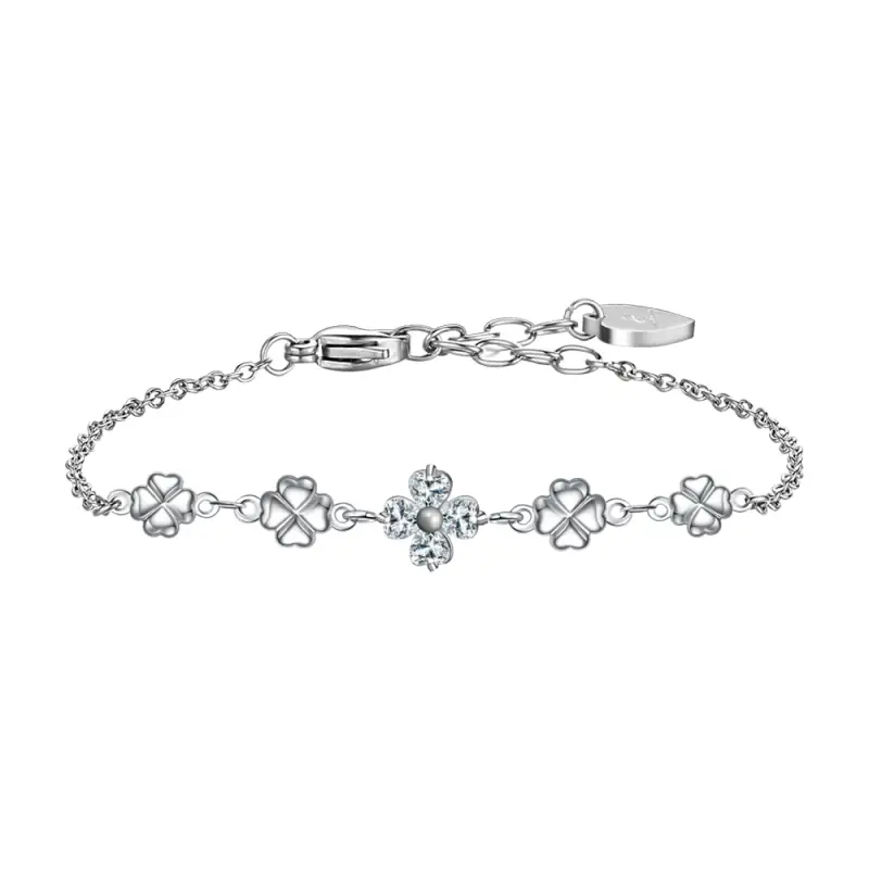 BRACCIALE IN ACCIAO CON QUADRIFOGLI E ZIRCONI BIANCHI