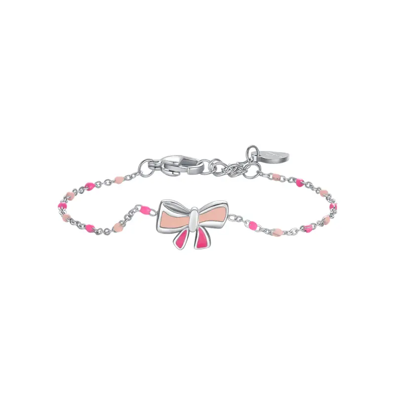 BRACCIALE IN ACCIAO, FIOCCO CON SMALTO ROSA E FUCSIA E PIETRE COLORATE