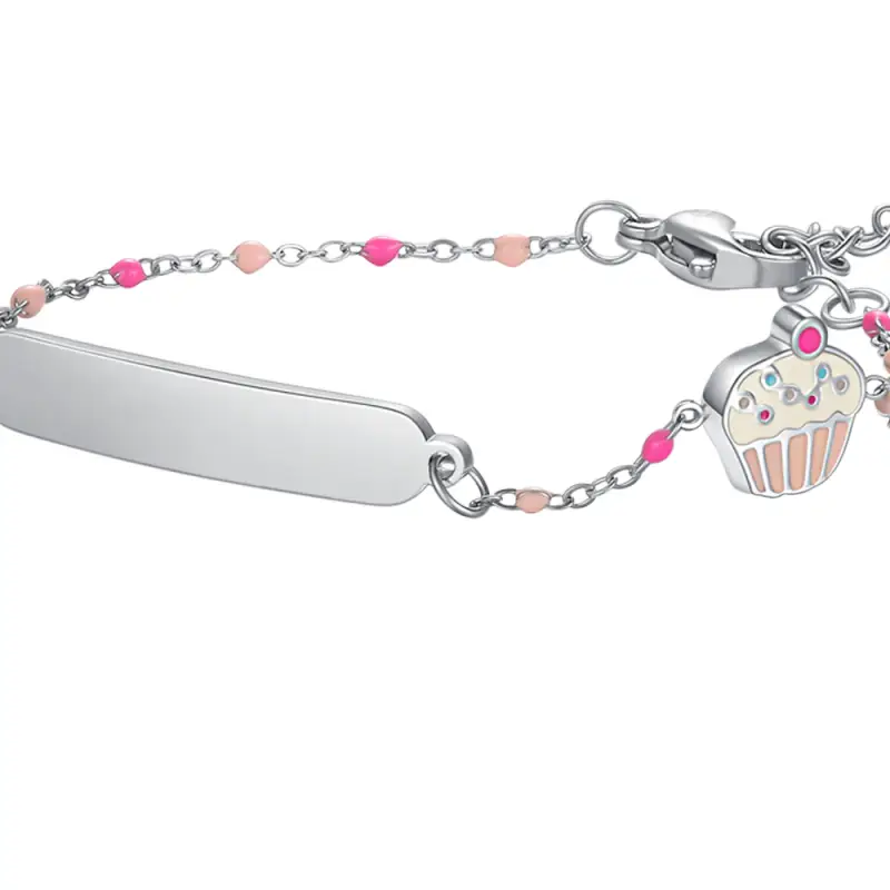 BRACCIALE IN ACCIAO, PIASTRA CON SMALTO ROSA E FUCSIA E PIETRE COLORATE miniatura 2