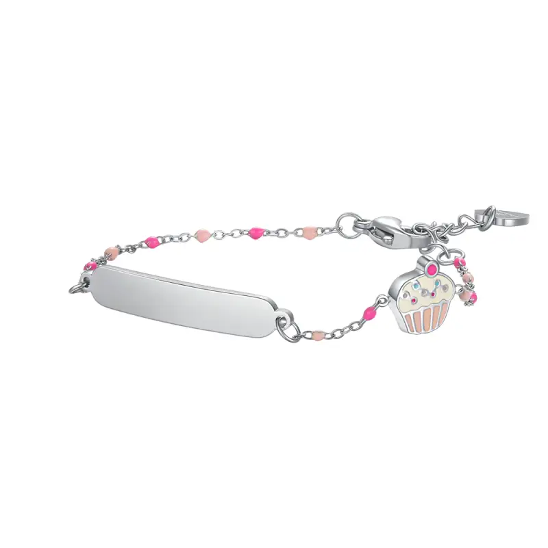 BRACCIALE IN ACCIAO, PIASTRA CON SMALTO ROSA E FUCSIA E PIETRE COLORATE