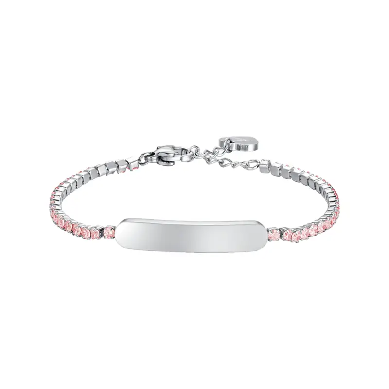 BRACCIALE TENNIS BAMBINA IN ACCIAIO CON CRISTALLI ROSA E PIASTRA