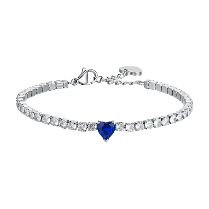BRACCIALE TENNIS DONNA IN ACCIAIO CON CRISTALLI BIANCHI E CUORE CRISTALLO BLU