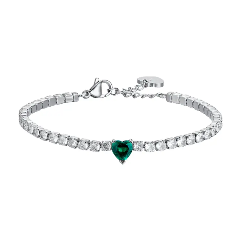 BRACCIALE TENNIS DONNA IN ACCIAIO CON CRISTALLI BIANCHI E CUORE CRISTALLO VERDE
