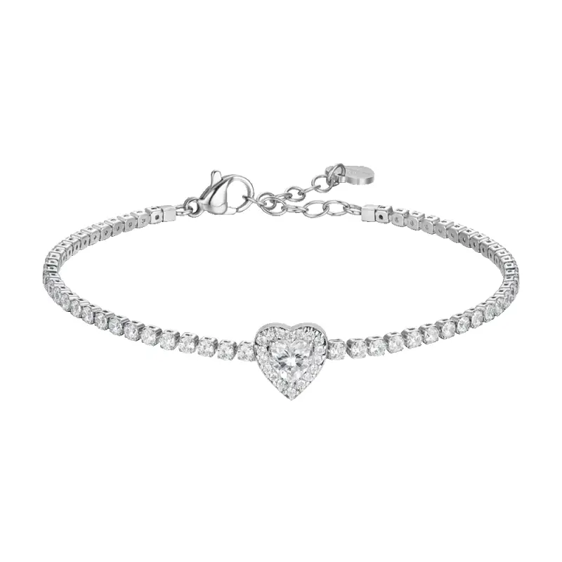 BRACCIALE TENNIS DONNA IN ACCIAIO CON CUORE CON ZIRCONI BIANCHI