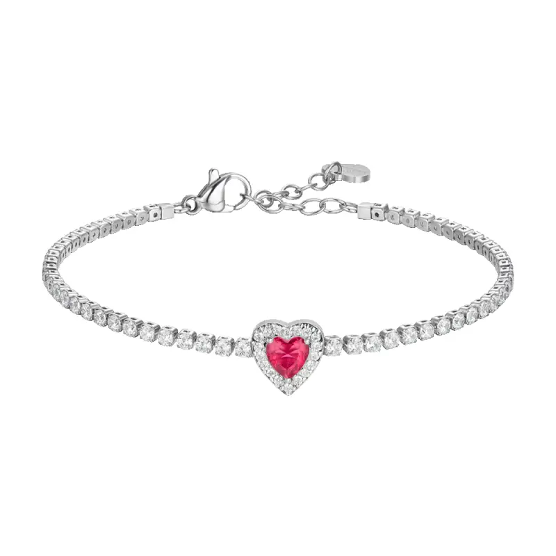 BRACCIALE TENNIS DONNA IN ACCIAIO CON CUORE CON ZIRCONI ROSSI E BIANCHI