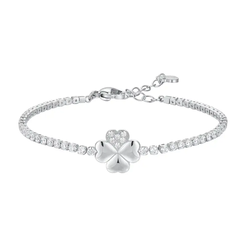 BRACCIALE TENNIS DONNA IN ACCIAIO CON QUADRIFOGLIO E PUNTI LUCE ZIRCONE BIANCO