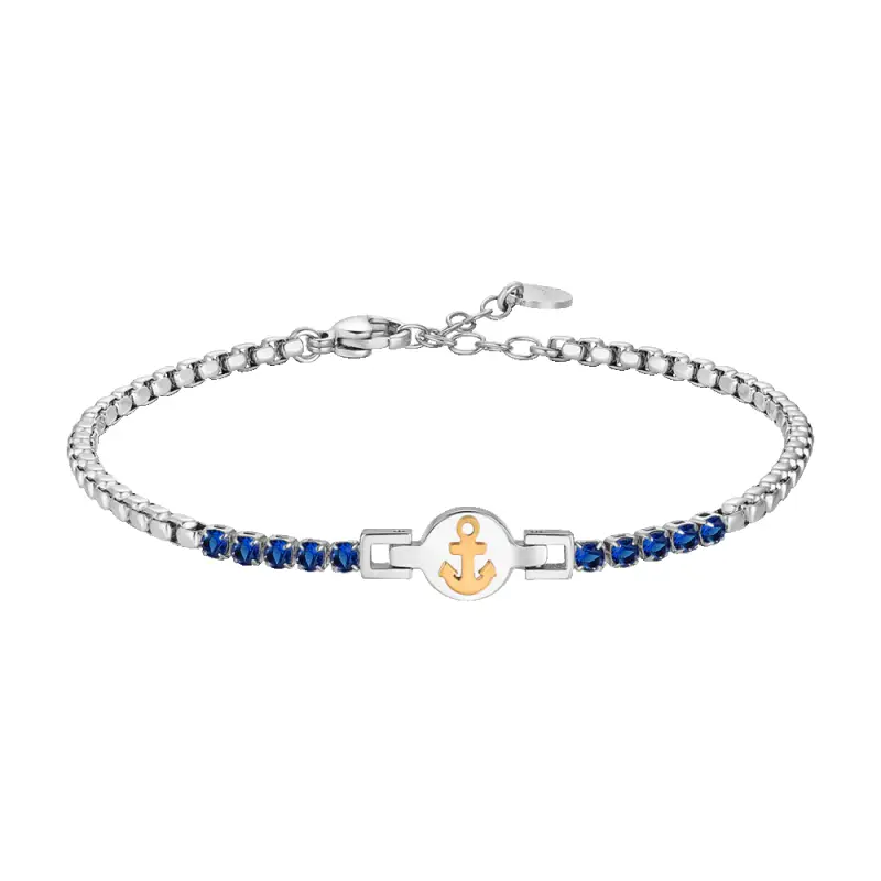 BRACCIALE TENNIS UOMO IN ACCIAIO CON ANCORA IP ROSE E ZIRCONI BLU