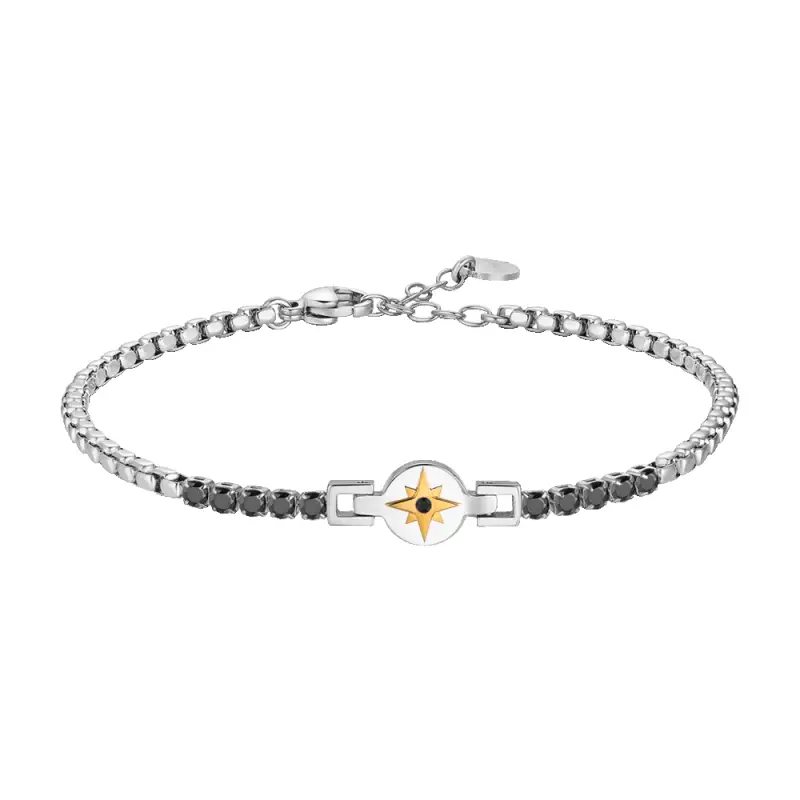 BRACCIALE TENNIS UOMO IN ACCIAIO CON ROSA DEI VENTI IP ROSE E ZIRCONI NERI