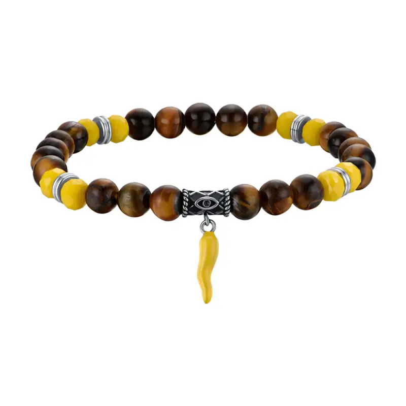 BRACCIALE UOMO ELASTICO CON PIETRE OCCHIO DI TIGRE E GIALLE E CORNO GIALLO