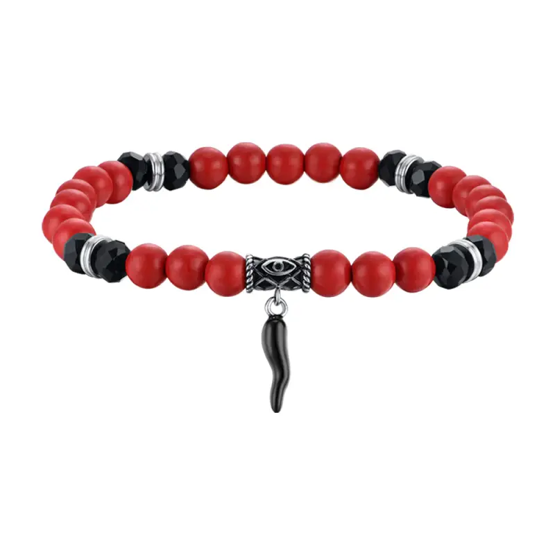BRACCIALE UOMO ELASTICO CON PIETRE ROSSE E NERE E CORNO NERO
