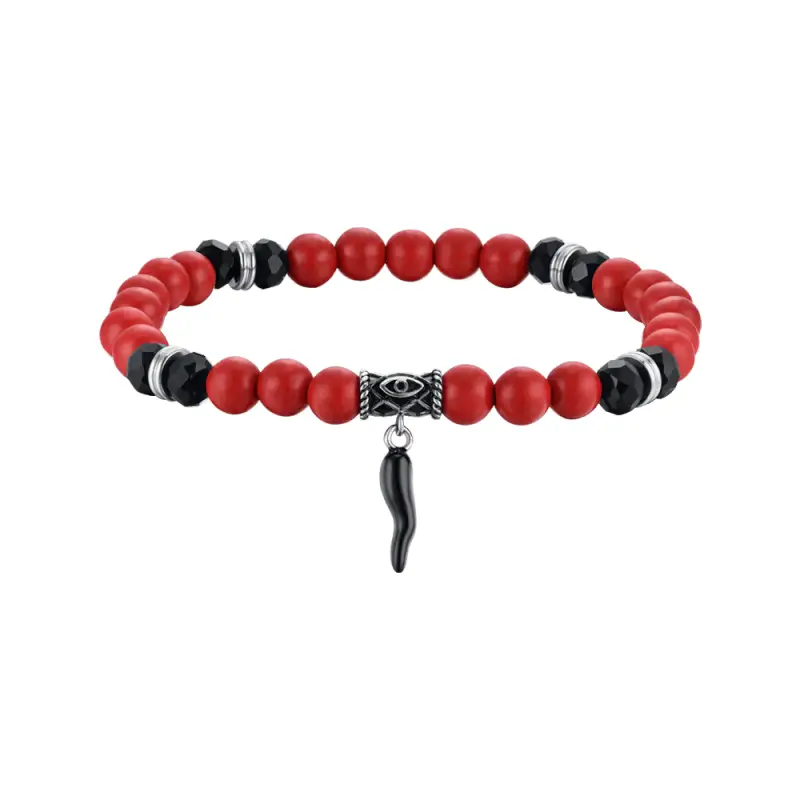 BRACCIALE UOMO ELASTICO CON PIETRE ROSSE E NERE E CORNO NERO