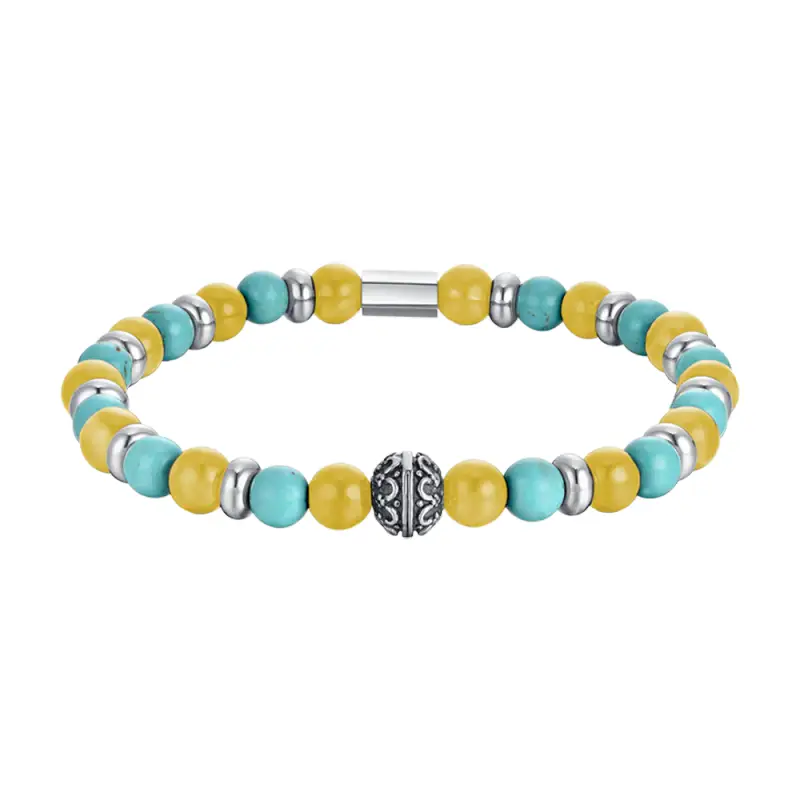 BRACCIALE UOMO ELASTICO CON PIETRE TURCHESI E GIALLE ED ELEMENTI IN ACCIAIO