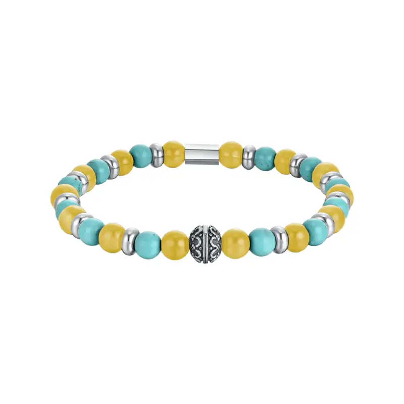 BRACCIALE UOMO ELASTICO CON PIETRE TURCHESI E GIALLE ED ELEMENTI IN ACCIAIO