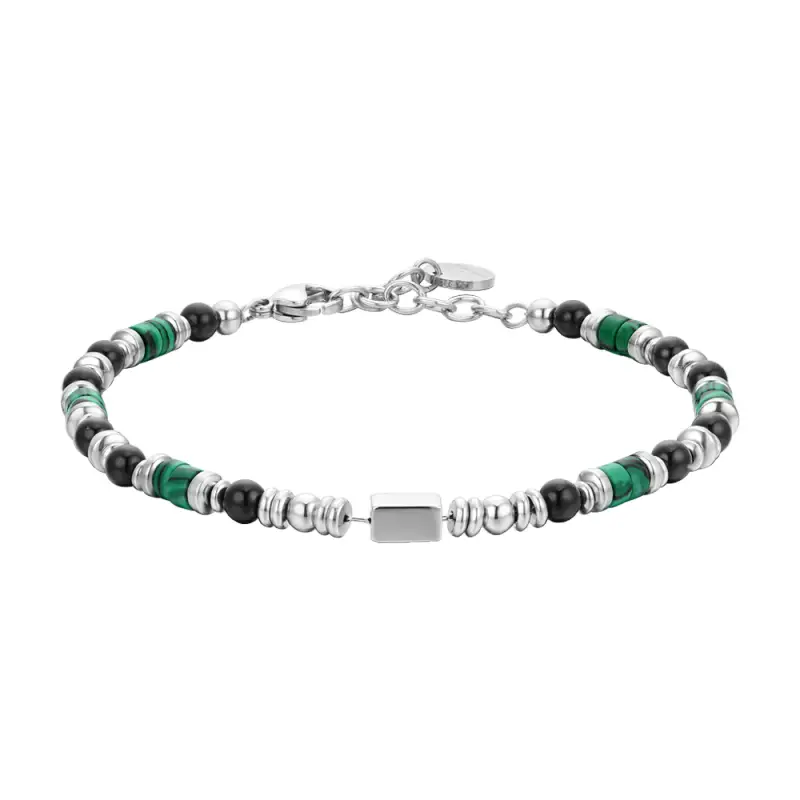 BRACCIALE UOMO IN ACCIAIO CON AGATA NERA E MALACHITE VERDE