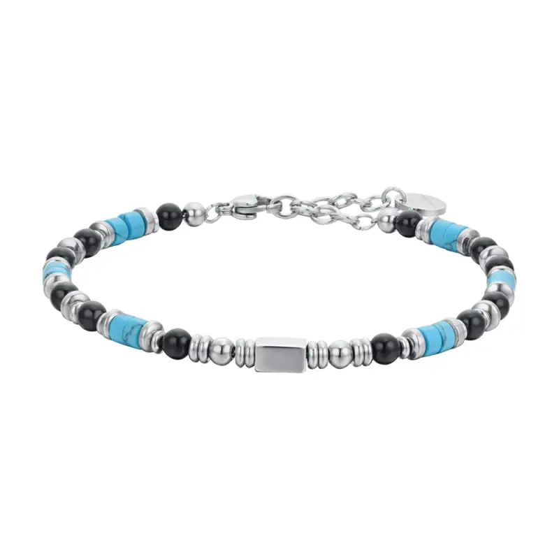 BRACCIALE UOMO IN ACCIAIO CON AGATA NERA E PIETRE TURCHESI