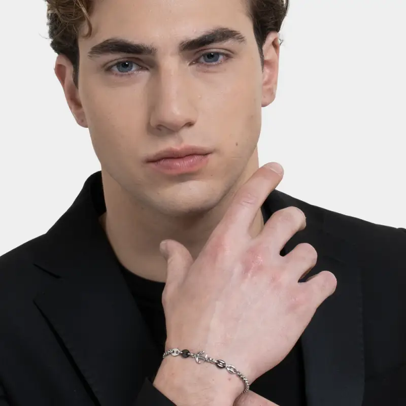 BRACCIALE UOMO IN ACCIAIO CON ANCORA ED ELEMENTI IN ACCIAIO IP NERO miniatura 3