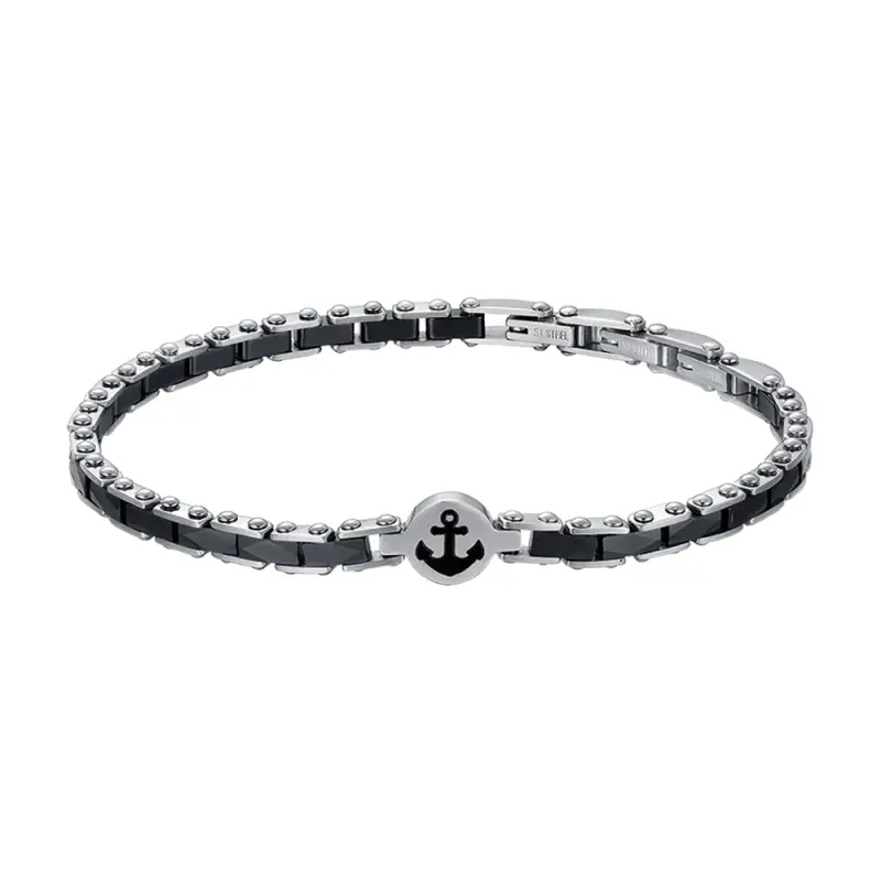 BRACCIALE UOMO IN ACCIAIO CON ANCORA ED ELEMENTI IN CERAMICA NERA