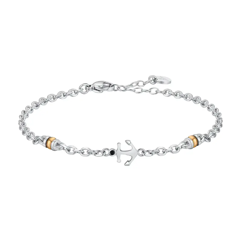 BRACCIALE UOMO IN ACCIAIO CON ANCORA, ZIRCONE NERO ED ELEMENTO IN IP GOLD