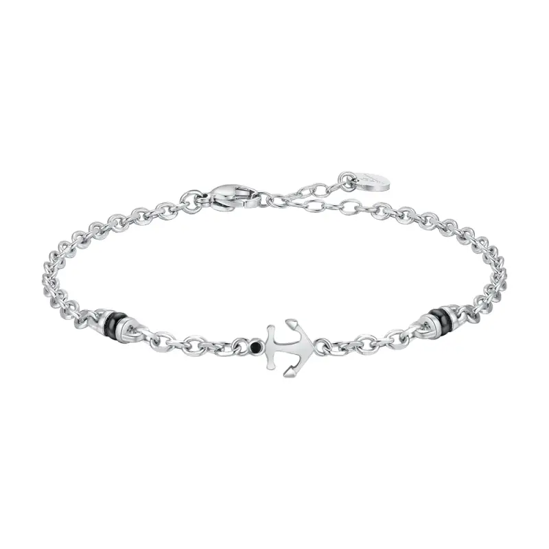 BRACCIALE UOMO IN ACCIAIO CON ANCORA, ZIRCONE NERO ED ELEMENTO IN IP NERO