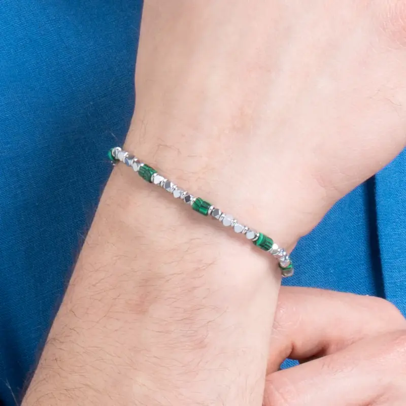 BRACCIALE UOMO IN ACCIAIO CON EMATITE E PIETRE MALACHITE miniatura 2