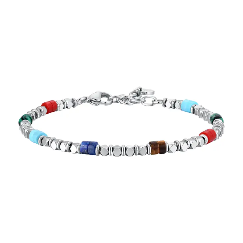 BRACCIALE UOMO IN ACCIAIO CON EMATITE E PIETRE MULTICOLOR