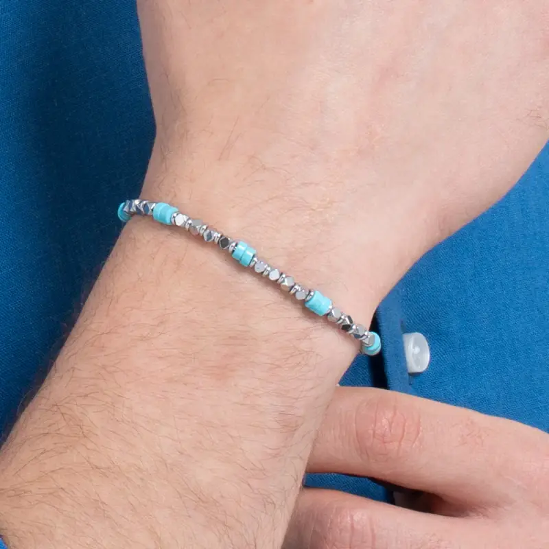 BRACCIALE UOMO IN ACCIAIO CON EMATITE E PIETRE TURCHESI miniatura 2