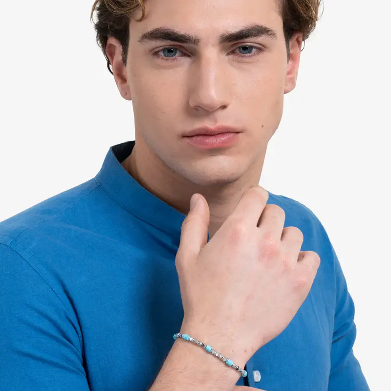 BRACCIALE UOMO IN ACCIAIO CON EMATITE E PIETRE TURCHESI miniatura 3