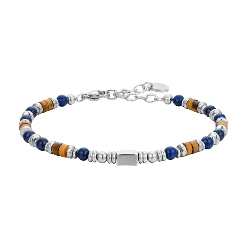 BRACCIALE UOMO IN ACCIAIO CON PIETRA LAPIS ED ELEMENTI OCCHIO DI TIGRE