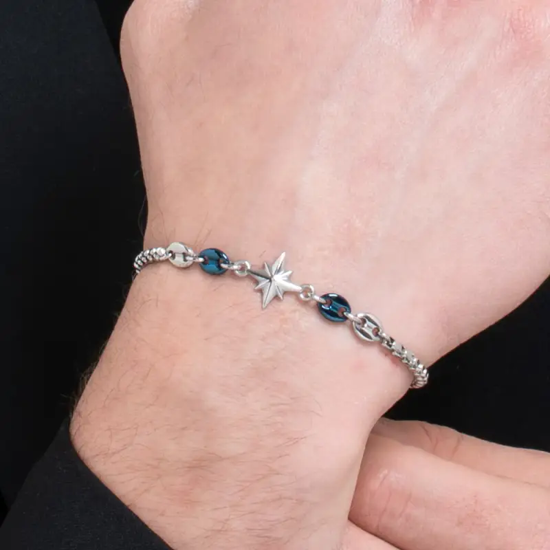BRACCIALE UOMO IN ACCIAIO CON ROSA DEI VENTI ED ELEMENTI IN ACCIAIO IP BLU miniatura 2