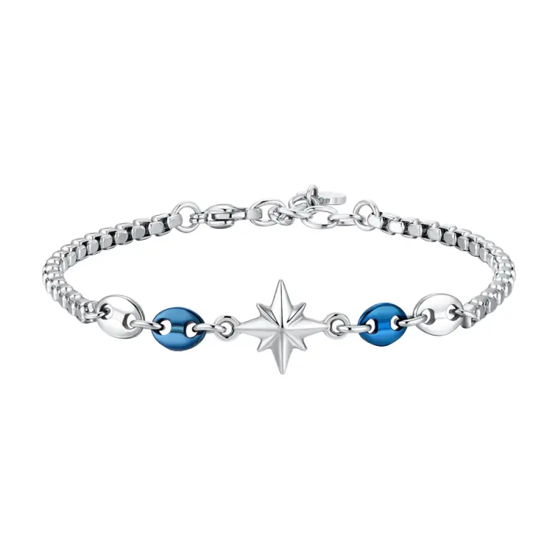 BRACCIALE UOMO IN ACCIAIO CON ROSA DEI VENTI ED ELEMENTI IN ACCIAIO IP BLU
