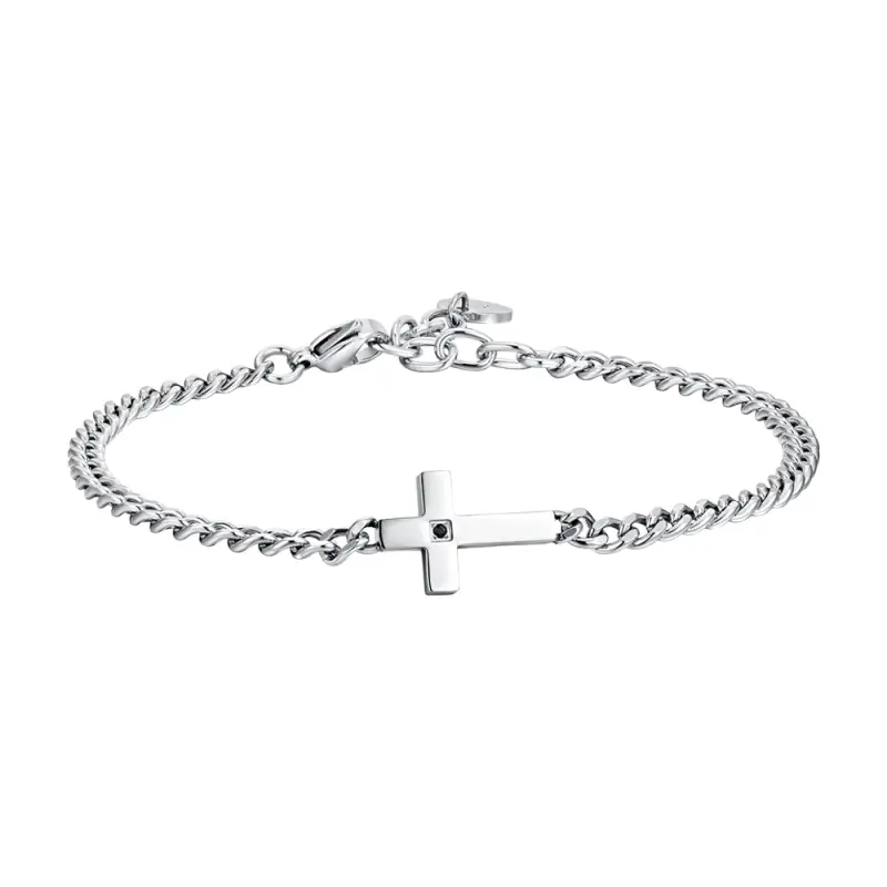 BRACCIALE UOMO IN ACCIAIO CROCE E ZIRCONE NERO