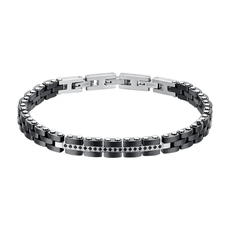 BRACCIALE UOMO IN ACCIAIO E CERAMICA NERA CON CRISTALLI NERI