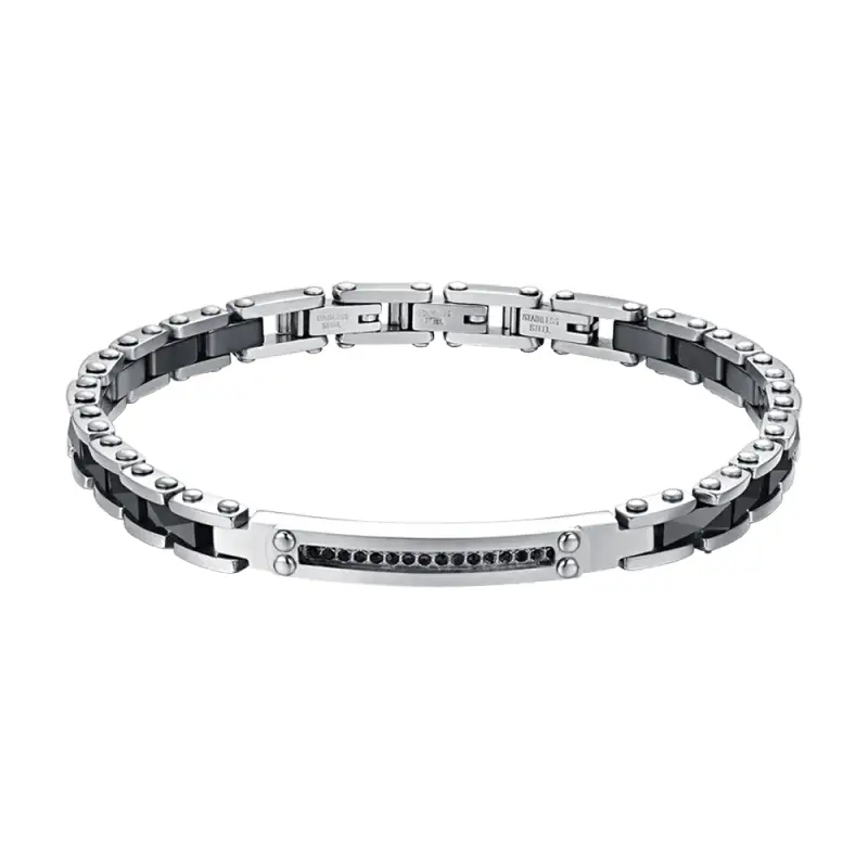 BRACCIALE UOMO IN ACCIAIO E CERAMICA NERA CON CRISTALLI NERI