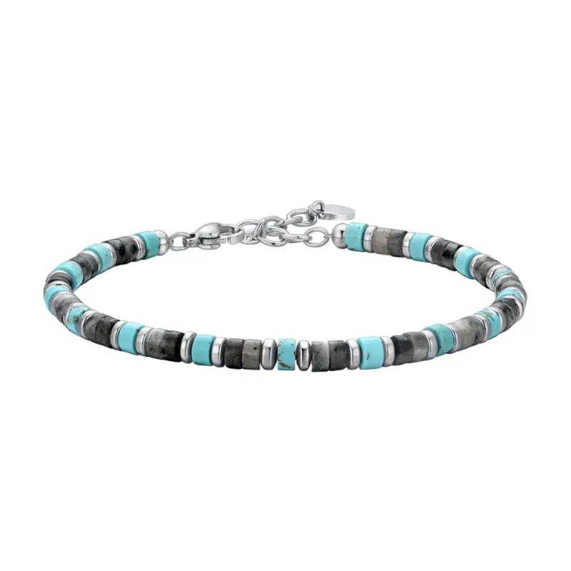 BRACCIALE UOMO IN ACCIAIO PIETRE GRIGIE E TURCHESI