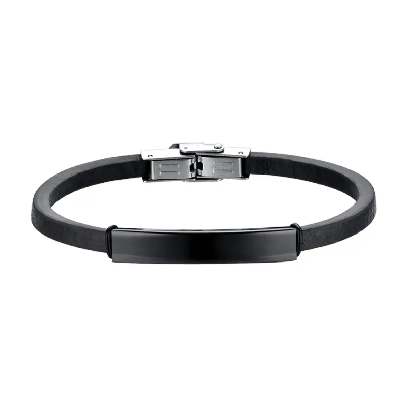 BRACCIALE UOMO IN CUOIO CON PIASTRA IN ACCIAIO IP NERO