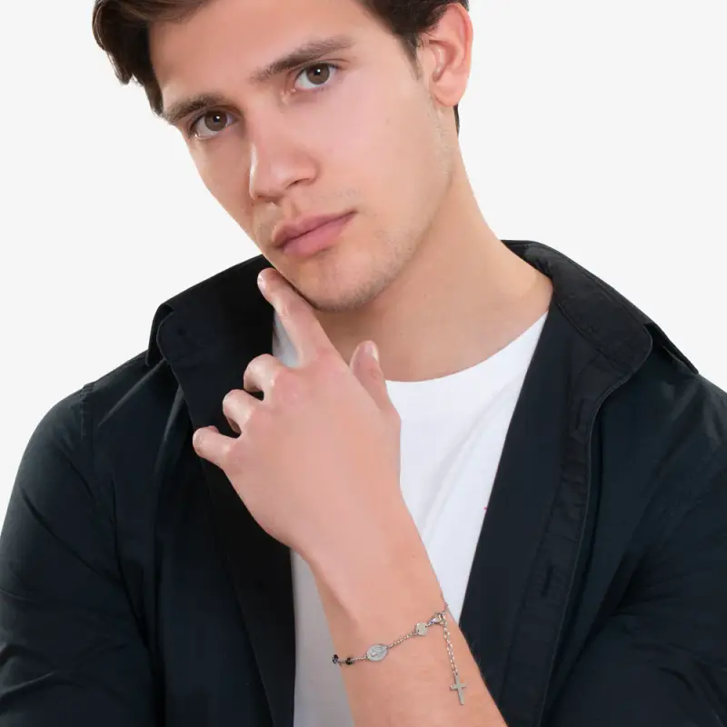 BRACCIALE UOMO ROSARIO IN ACCIAIO NERO miniatura 3