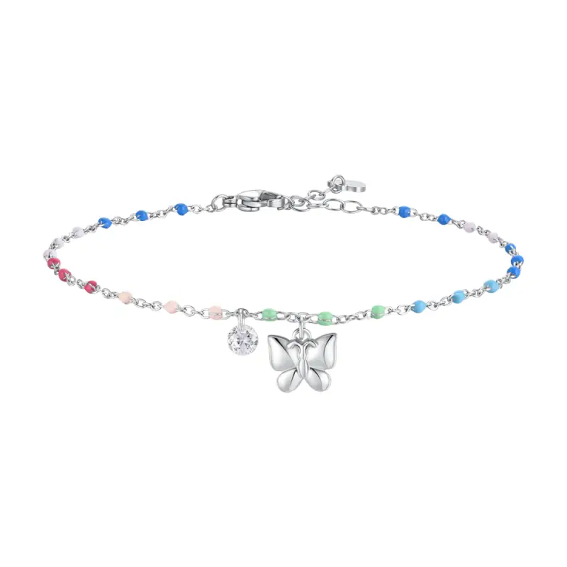 CAVIGLIERA DONNA IN ACCIAIO CON FARFALLA,CRISTALLO E PIETRE MULTICOLOR