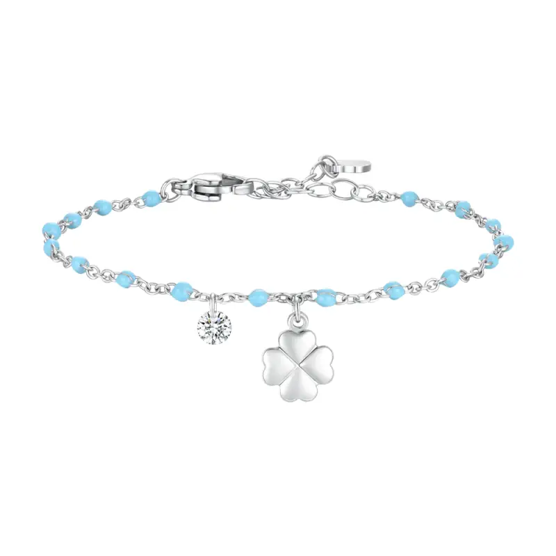 CAVIGLIERA DONNA IN ACCIAIO CON QUADRIFOGLIO,CRISTALLO E PIETRE TURCHESI