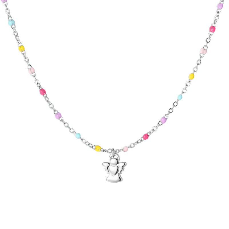 COLLANA BAMBINA IN ACCIAIO CON ANGELO ED ELEMENTI MULTICOLOR