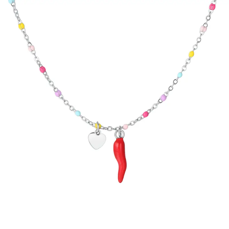 COLLANA BAMBINA IN ACCIAIO CON CORNO ROSSO, CUORE SILVER ED ELEMENTI MULTICOLOR
