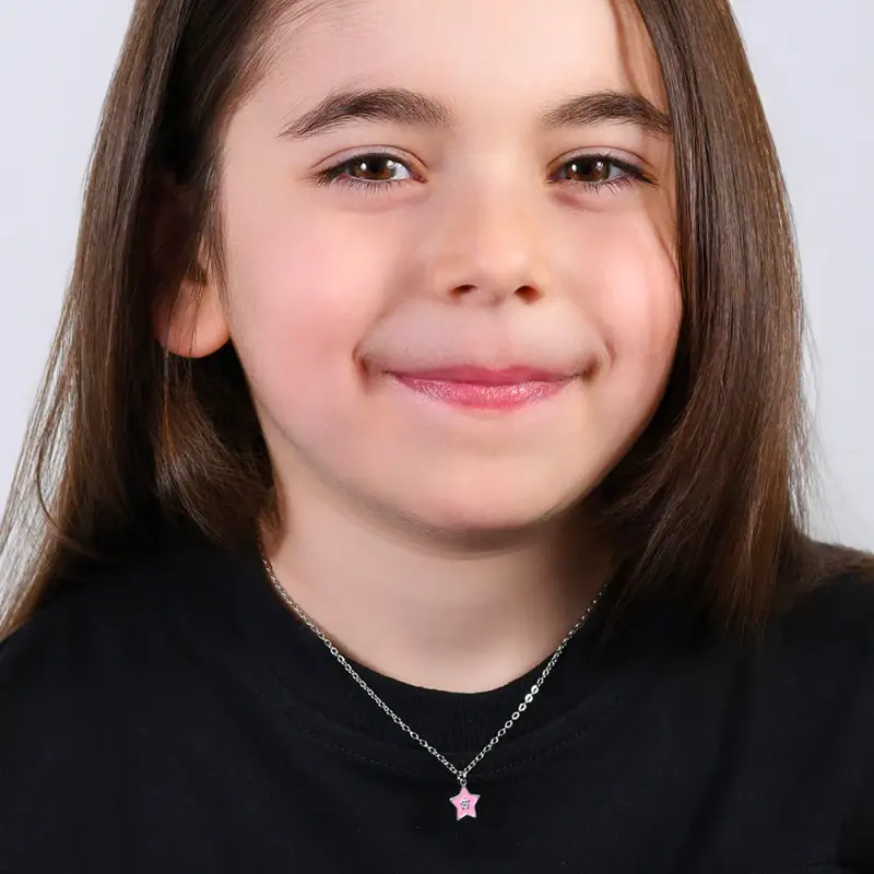 COLLANA BAMBINA IN ACCIAIO SMALTO ROSA miniatura 3