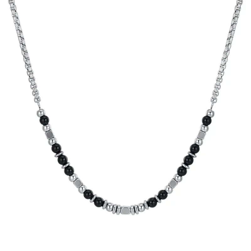 COLLANA BAMBINO IN ACCIAIO CON PIETRE NERE E GRIGIE