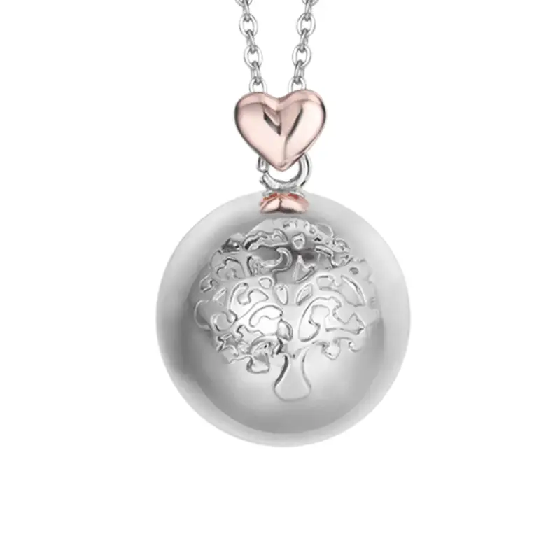 COLLANA CHIAMA ANGELI IN ACCIAIO,SFERA IN METALLO CON ALBERO DELLA VITA E CUORE