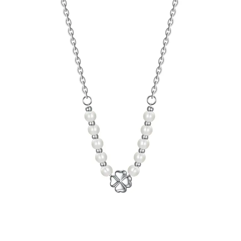 COLLANA DONNA CON QUADRIFOGLIO IN ACCIAIO E PERLE BIANCHE