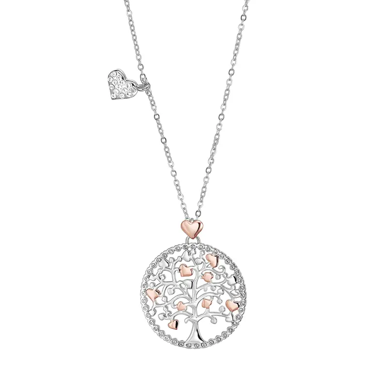 COLLANA DONNA IN ACCIAIO, ALBERO DELLA VITA CON CUORI ROSE
