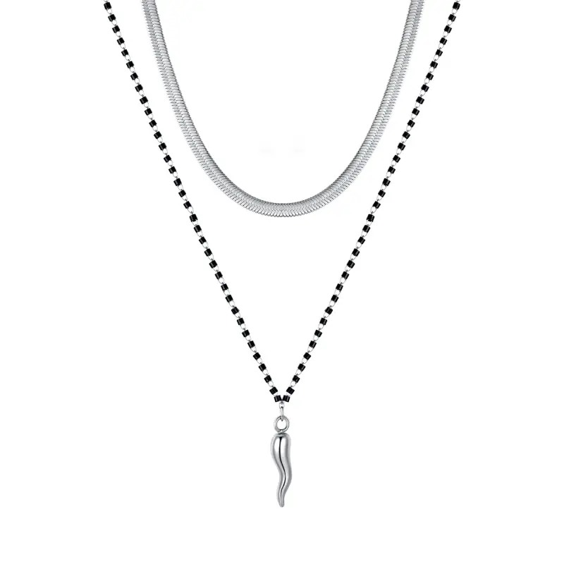 COLLANA DONNA IN ACCIAIO CON CORNO ED ELEMENTI NERI