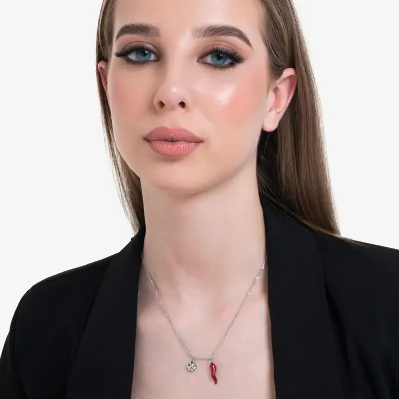 COLLANA DONNA IN ACCIAIO CON CORNO ROSSO E QUADRIFOGLIO miniatura 3