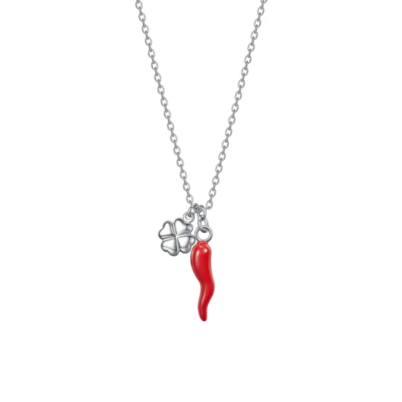 COLLANA DONNA IN ACCIAIO CON CORNO ROSSO E QUADRIFOGLIO