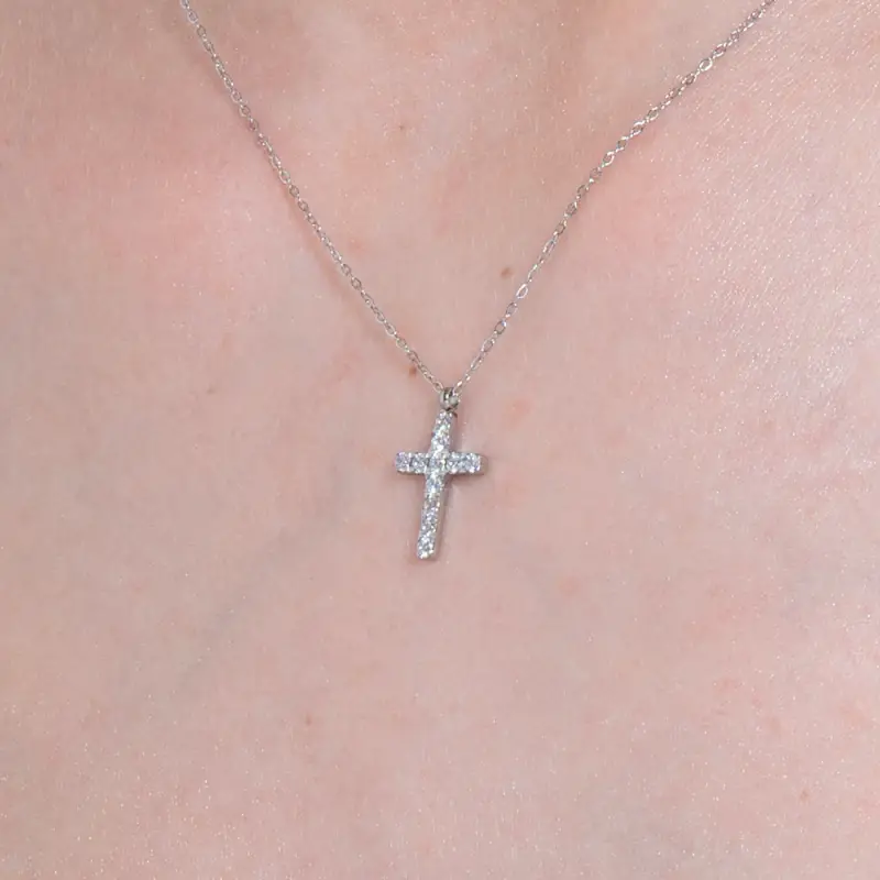 COLLANA DONNA IN ACCIAIO CON CROCE E ZIRCONI BIANCHI miniatura 2